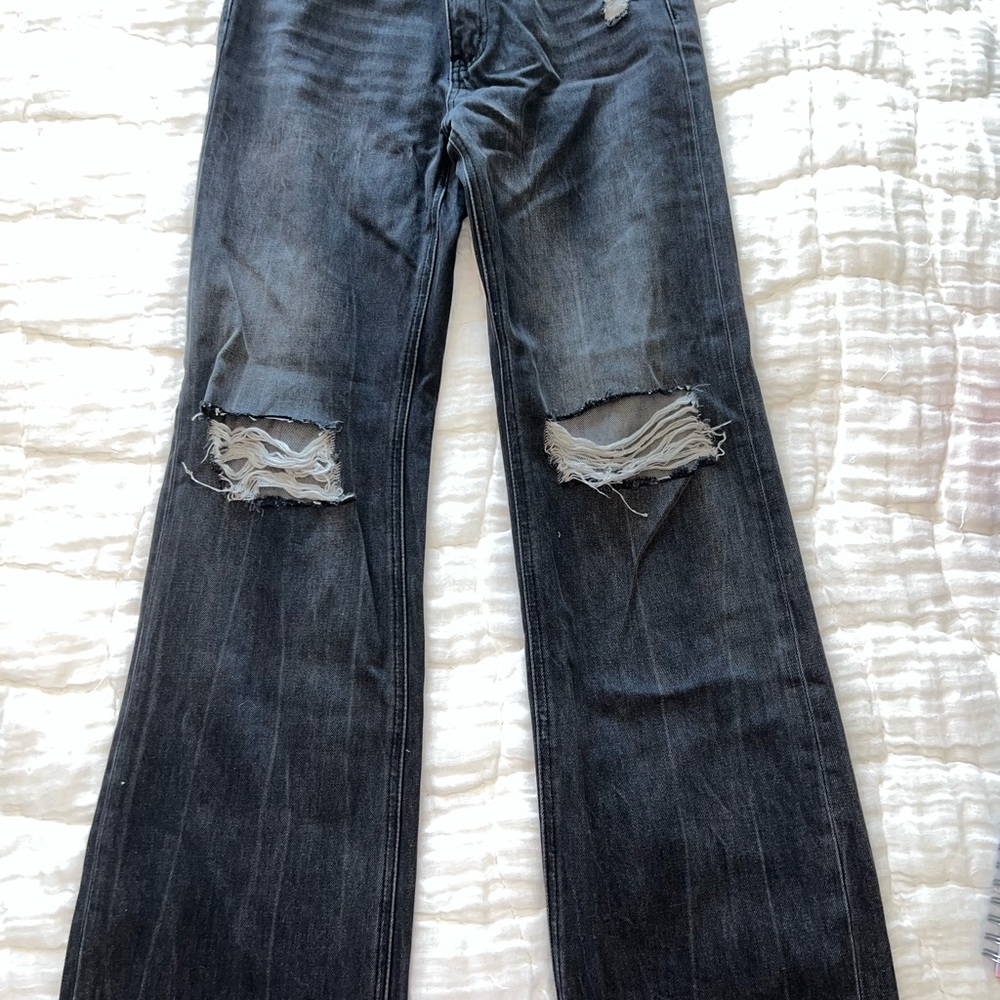 Black Flare Wide Leg Jeans with Distressed Details